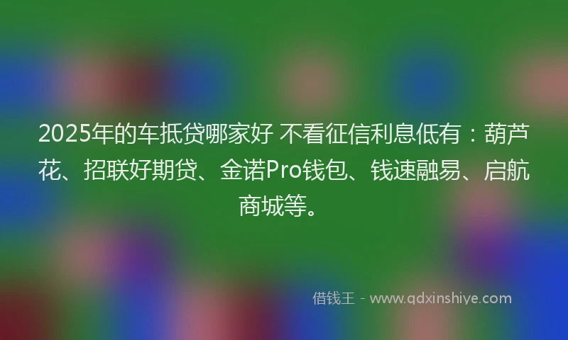 2025年的车抵贷哪家好 不看征信利息低有：葫芦花、招联好期贷、金诺Pro钱包、钱速融易、启航商城等。