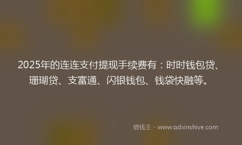 2025年的连连支付提现手续费有：时时钱包贷、珊瑚贷、支富通、闪银钱包、钱袋快融等。