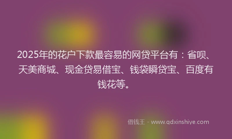 2025年的花户下款最容易的网贷平台有：省呗、天美商城、现金贷易借宝、钱袋瞬贷宝、百度有钱花等。