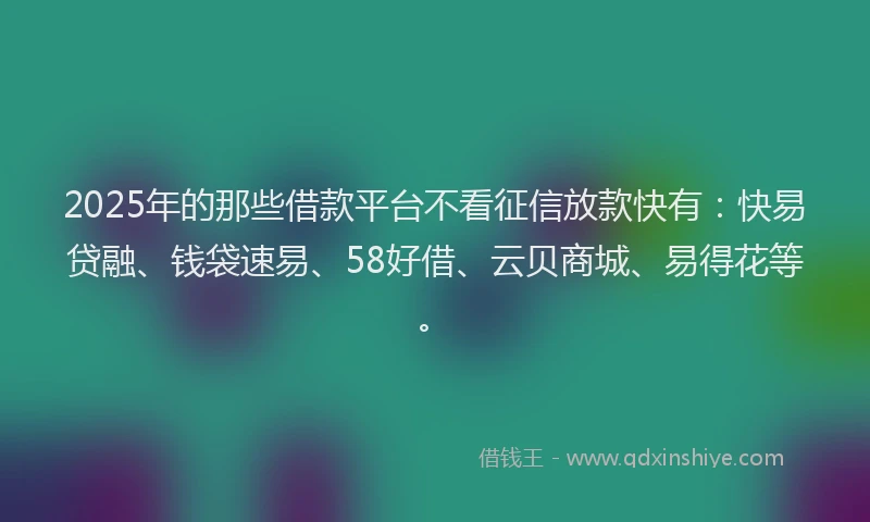 2025年的那些借款平台不看征信放款快有：快易贷融、钱袋速易、58好借、云贝商城、易得花等。