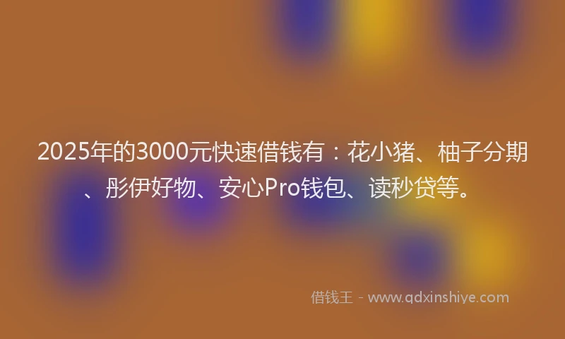 2025年的3000元快速借钱有：花小猪、柚子分期、彤伊好物、安心Pro钱包、读秒贷等。