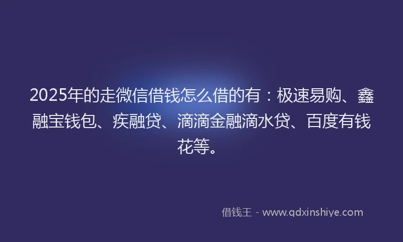 2025年的走微信借钱怎么借的有：极速易购、鑫融宝钱包、疾融贷、滴滴金融滴水贷、百度有钱花等。