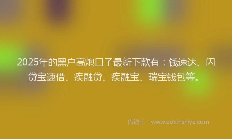 2025年的黑户高炮口子最新下款有：钱速达、闪贷宝速借、疾融贷、疾融宝、瑞宝钱包等。
