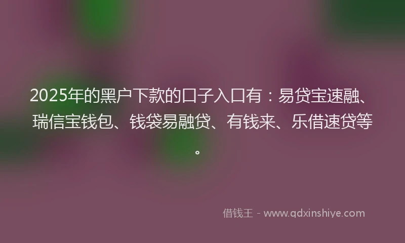 2025年的黑户下款的口子入口有：易贷宝速融、瑞信宝钱包、钱袋易融贷、有钱来、乐借速贷等。