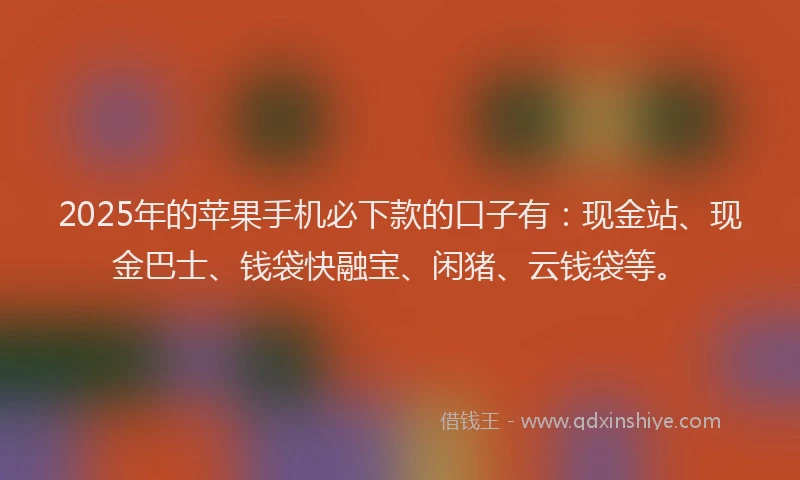 2025年的苹果手机必下款的口子有：现金站、现金巴士、钱袋快融宝、闲猪、云钱袋等。