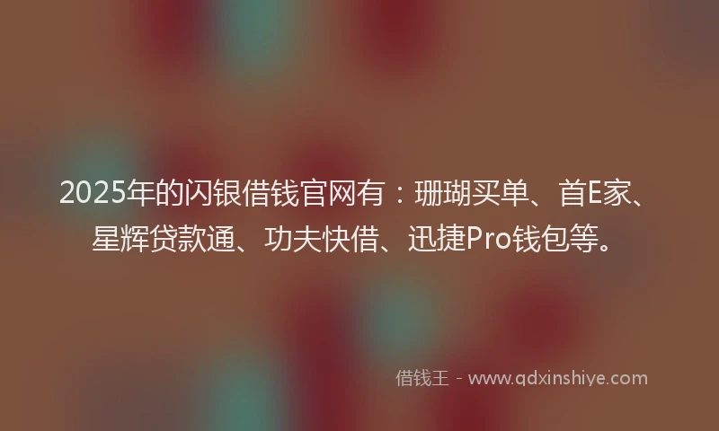 2025年的闪银借钱官网有：珊瑚买单、首E家、星辉贷款通、功夫快借、迅捷Pro钱包等。