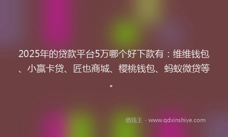 2025年的贷款平台5万哪个好下款有：维维钱包、小赢卡贷、匠也商城、樱桃钱包、蚂蚁微贷等。