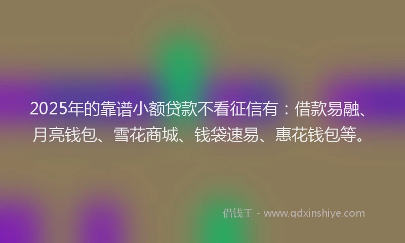 2025年的靠谱小额贷款不看征信有：借款易融、月亮钱包、雪花商城、钱袋速易、惠花钱包等。