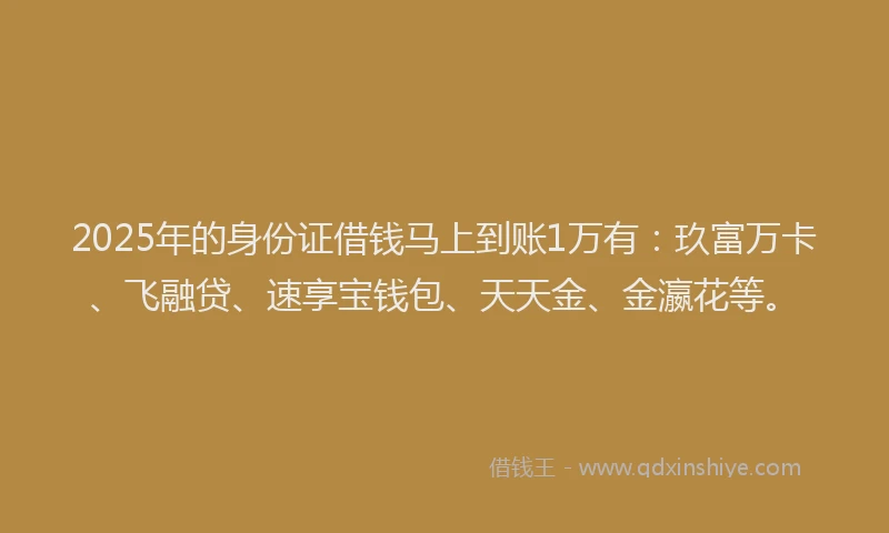2025年的身份证借钱马上到账1万有：玖富万卡、飞融贷、速享宝钱包、天天金、金瀛花等。