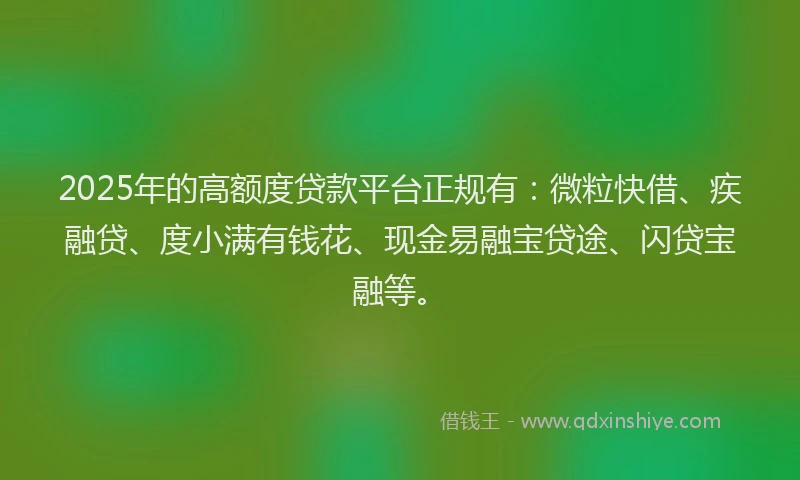 2025年的高额度贷款平台正规有：微粒快借、疾融贷、度小满有钱花、现金易融宝贷途、闪贷宝融等。