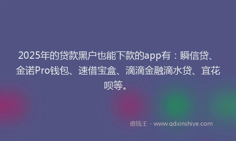 2025年的贷款黑户也能下款的app有：瞬信贷、金诺Pro钱包、速借宝盒、滴滴金融滴水贷、宜花呗等。