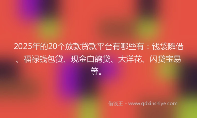2025年的20个放款贷款平台有哪些有：钱袋瞬借、福禄钱包贷、现金白鸽贷、大洋花、闪贷宝易等。