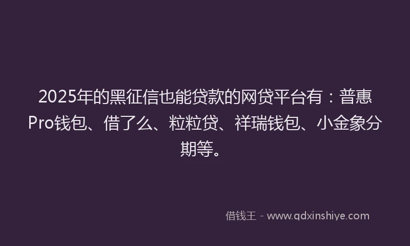 2025年的黑征信也能贷款的网贷平台有：普惠Pro钱包、借了么、粒粒贷、祥瑞钱包、小金象分期等。