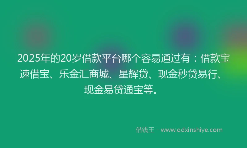 2025年的20岁借款平台哪个容易通过有：借款宝速借宝、乐金汇商城、星辉贷、现金秒贷易行、现金易贷通宝等。