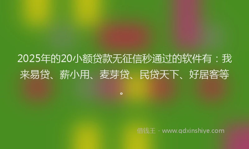 2025年的20小额贷款无征信秒通过的软件有：我来易贷、薪小用、麦芽贷、民贷天下、好居客等。