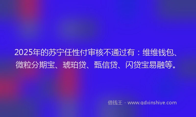 2025年的苏宁任性付审核不通过有：维维钱包、微粒分期宝、琥珀贷、甄信贷、闪贷宝易融等。