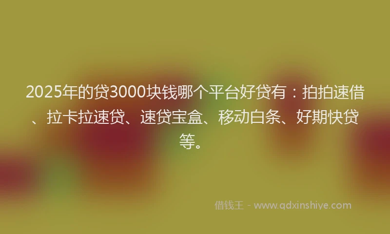 2025年的贷3000块钱哪个平台好贷有：拍拍速借、拉卡拉速贷、速贷宝盒、移动白条、好期快贷等。