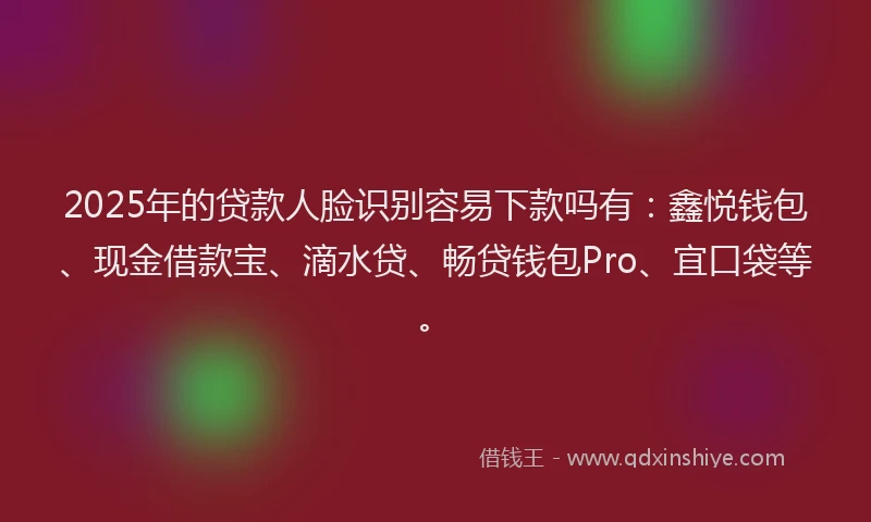 2025年的贷款人脸识别容易下款吗有：鑫悦钱包、现金借款宝、滴水贷、畅贷钱包Pro、宜口袋等。
