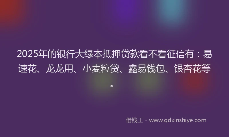 2025年的银行大绿本抵押贷款看不看征信有：易速花、龙龙用、小麦粒贷、鑫易钱包、银杏花等。