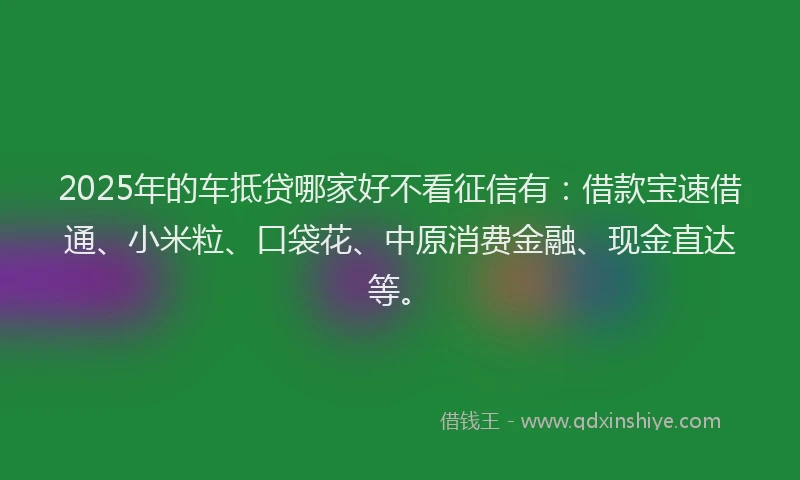 2025年的车抵贷哪家好不看征信有：借款宝速借通、小米粒、口袋花、中原消费金融、现金直达等。