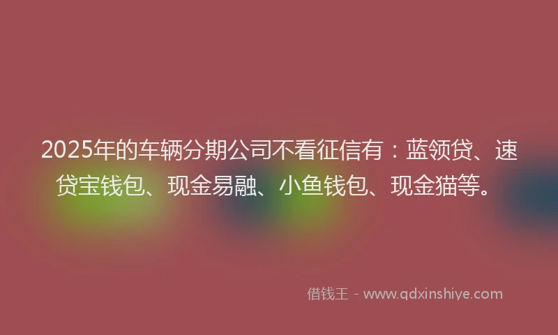 2025年的车辆分期公司不看征信有：蓝领贷、速贷宝钱包、现金易融、小鱼钱包、现金猫等。