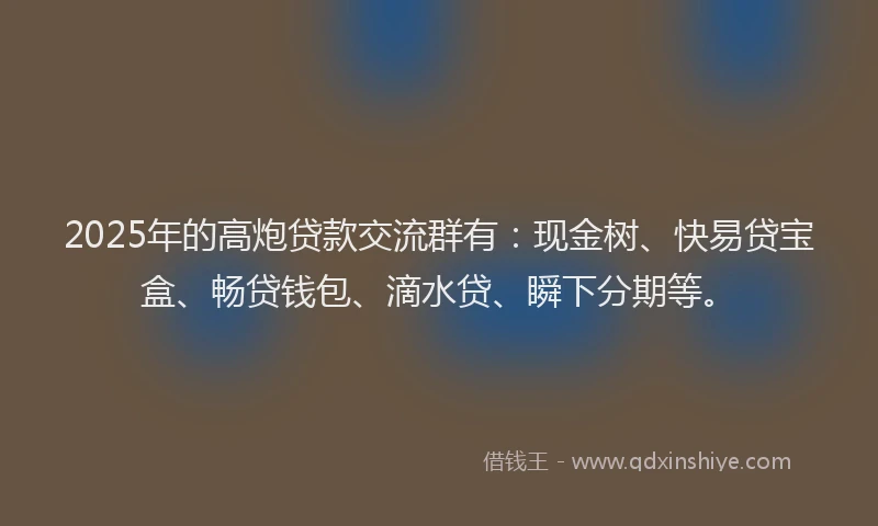 2025年的高炮贷款交流群有：现金树、快易贷宝盒、畅贷钱包、滴水贷、瞬下分期等。