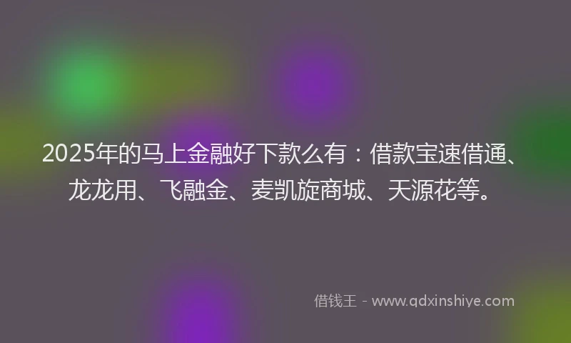 2025年的马上金融好下款么有：借款宝速借通、龙龙用、飞融金、麦凯旋商城、天源花等。