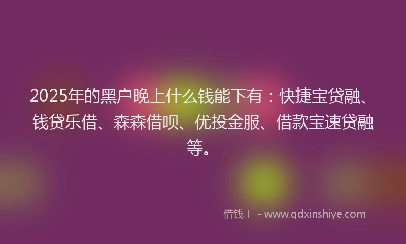 2025年的黑户晚上什么钱能下有：快捷宝贷融、钱贷乐借、森森借呗、优投金服、借款宝速贷融等。