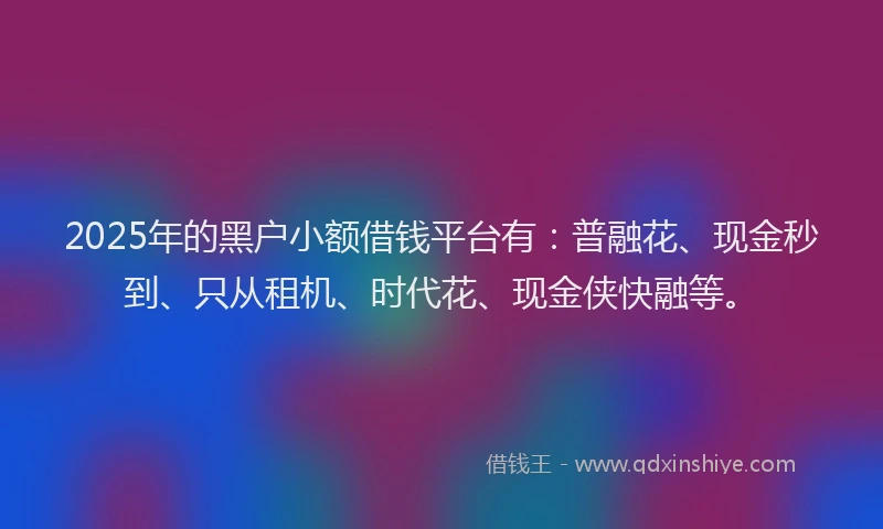 2025年的黑户小额借钱平台有：普融花、现金秒到、只从租机、时代花、现金侠快融等。