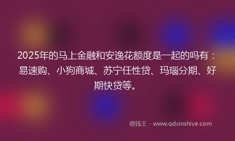 2025年的马上金融和安逸花额度是一起的吗有：易速购、小狗商城、苏宁任性贷、玛瑙分期、好期快贷等。