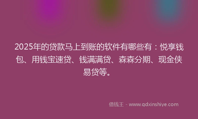2025年的贷款马上到账的软件有哪些有：悦享钱包、用钱宝速贷、钱满满贷、森森分期、现金侠易贷等。