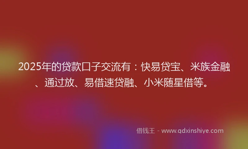 2025年的贷款口子交流有：快易贷宝、米族金融、通过放、易借速贷融、小米随星借等。