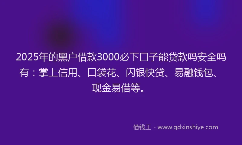 2025年的黑户借款3000必下口子能贷款吗安全吗有：掌上信用、口袋花、闪银快贷、易融钱包、现金易借等。