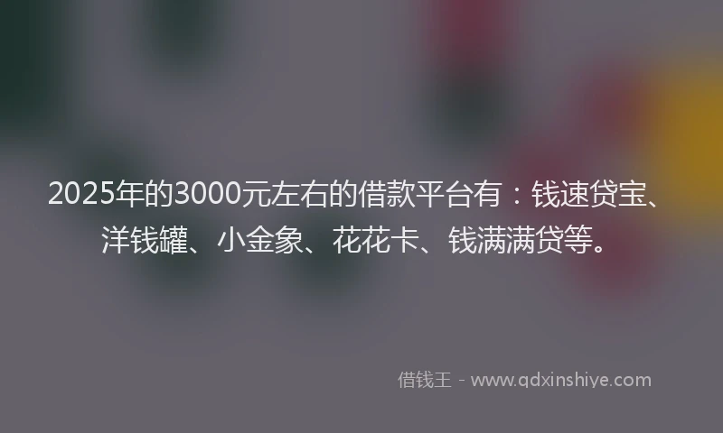 2025年的3000元左右的借款平台有：钱速贷宝、洋钱罐、小金象、花花卡、钱满满贷等。