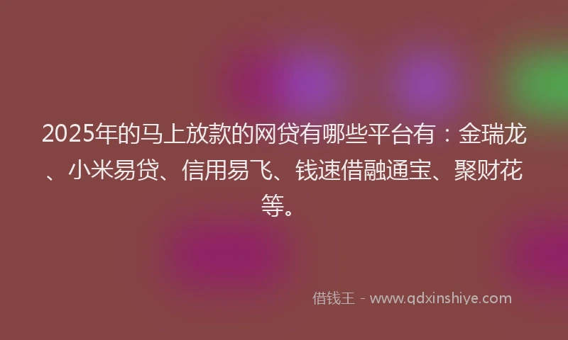 2025年的马上放款的网贷有哪些平台有：金瑞龙、小米易贷、信用易飞、钱速借融通宝、聚财花等。