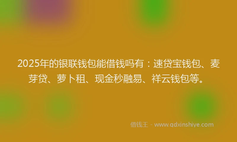 2025年的银联钱包能借钱吗有：速贷宝钱包、麦芽贷、萝卜租、现金秒融易、祥云钱包等。