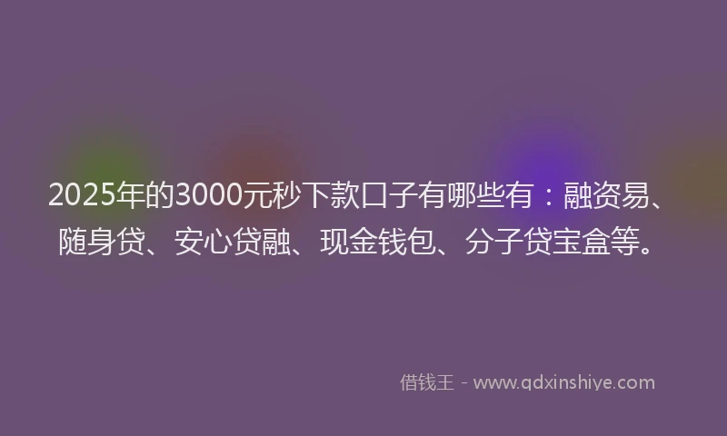 2025年的3000元秒下款口子有哪些有：融资易、随身贷、安心贷融、现金钱包、分子贷宝盒等。
