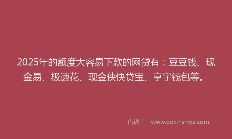 2025年的额度大容易下款的网贷有：豆豆钱、现金易、极速花、现金侠快贷宝、享宇钱包等。
