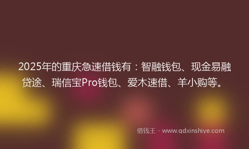 2025年的重庆急速借钱有：智融钱包、现金易融贷途、瑞信宝Pro钱包、爱木速借、羊小购等。
