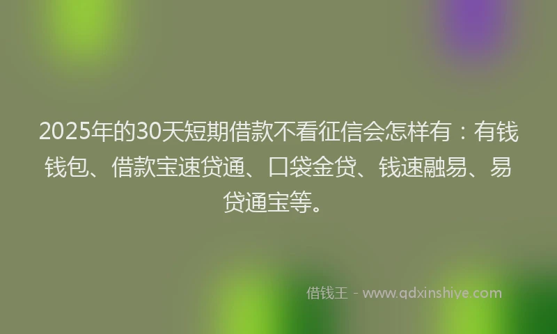 2025年的30天短期借款不看征信会怎样有：有钱钱包、借款宝速贷通、口袋金贷、钱速融易、易贷通宝等。