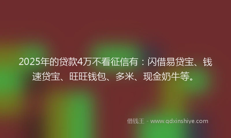 2025年的贷款4万不看征信有：闪借易贷宝、钱速贷宝、旺旺钱包、多米、现金奶牛等。
