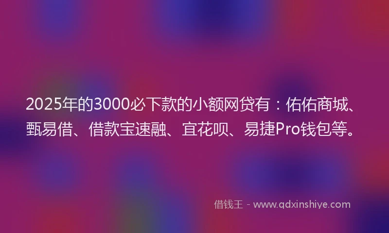 2025年的3000必下款的小额网贷有：佑佑商城、甄易借、借款宝速融、宜花呗、易捷Pro钱包等。