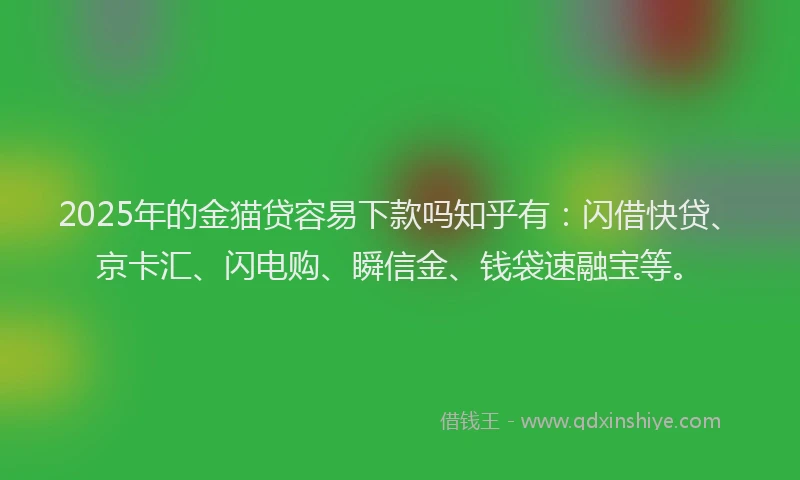 2025年的金猫贷容易下款吗知乎有：闪借快贷、京卡汇、闪电购、瞬信金、钱袋速融宝等。
