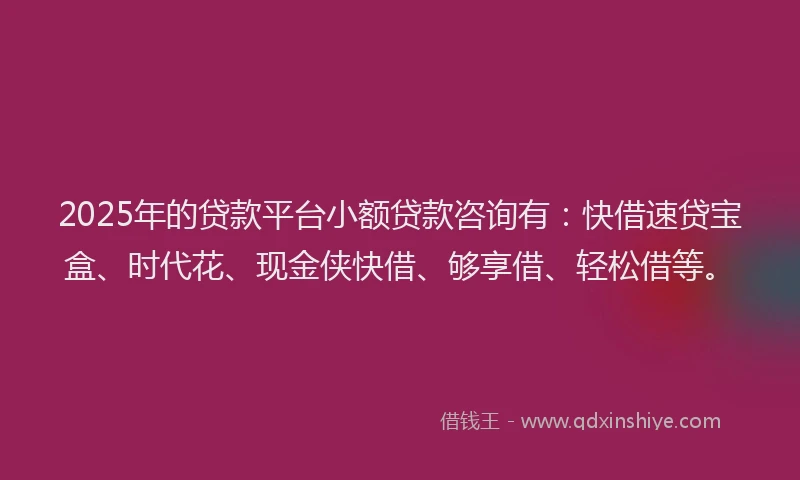 2025年的贷款平台小额贷款咨询有：快借速贷宝盒、时代花、现金侠快借、够享借、轻松借等。