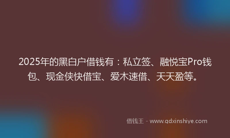 2025年的黑白户借钱有：私立签、融悦宝Pro钱包、现金侠快借宝、爱木速借、天天盈等。