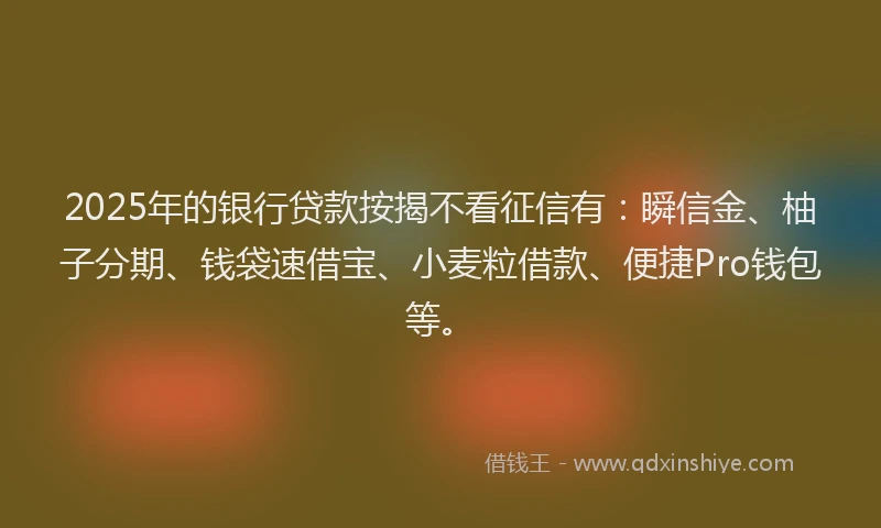 2025年的银行贷款按揭不看征信有：瞬信金、柚子分期、钱袋速借宝、小麦粒借款、便捷Pro钱包等。