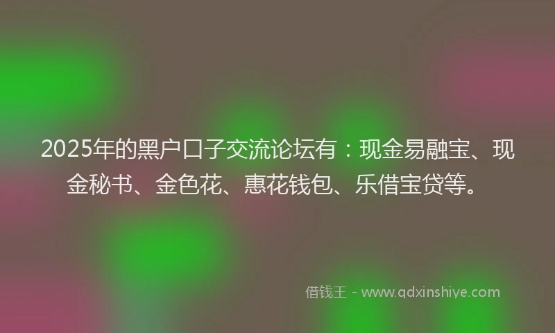 2025年的黑户口子交流论坛有：现金易融宝、现金秘书、金色花、惠花钱包、乐借宝贷等。