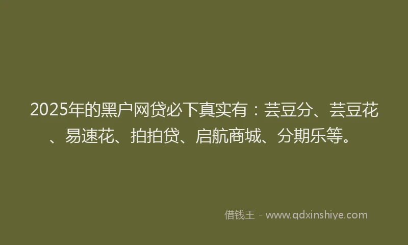 2025年的黑户网贷必下真实有：芸豆分、芸豆花、易速花、拍拍贷、启航商城、分期乐等。