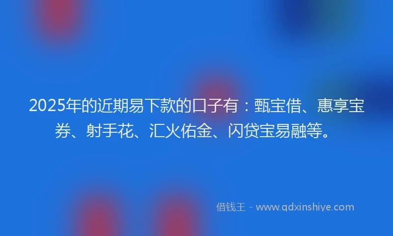 2025年的近期易下款的口子有：甄宝借、惠享宝券、射手花、汇火佑金、闪贷宝易融等。