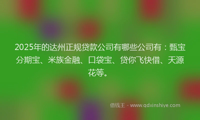 2025年的达州正规贷款公司有哪些公司有：甄宝分期宝、米族金融、口袋宝、贷你飞快借、天源花等。